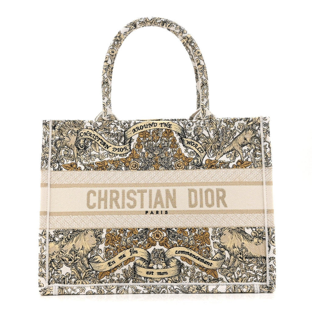 CANVAS EMBROIDERED MEDIUM AROUND THE WORLD BOOK TOTE GOLD