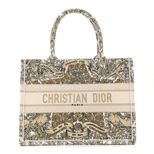 CANVAS EMBROIDERED MEDIUM AROUND THE WORLD BOOK TOTE GOLD