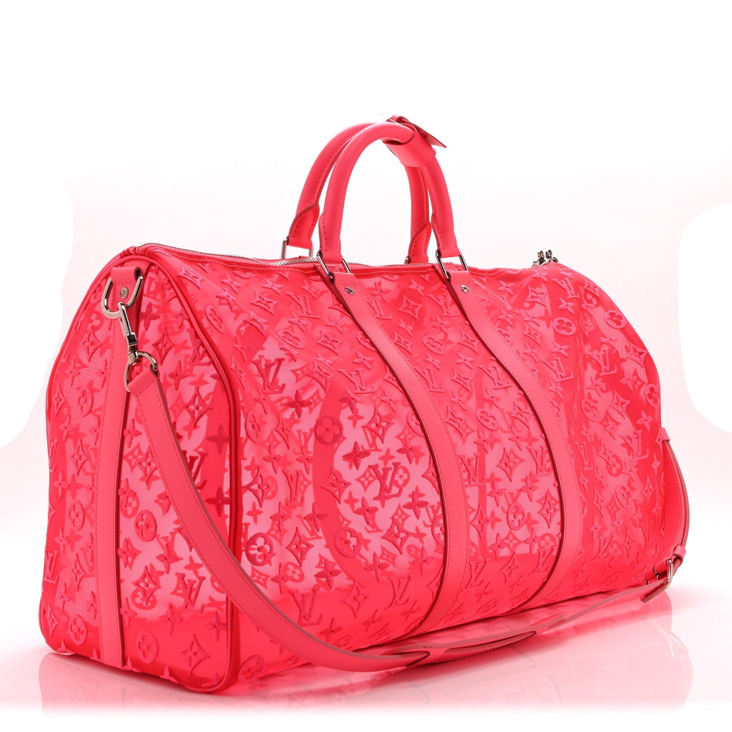 MONOGRAM FLUO SEE THROUGH KEEPALL BANDOULIERE 50 ROSE