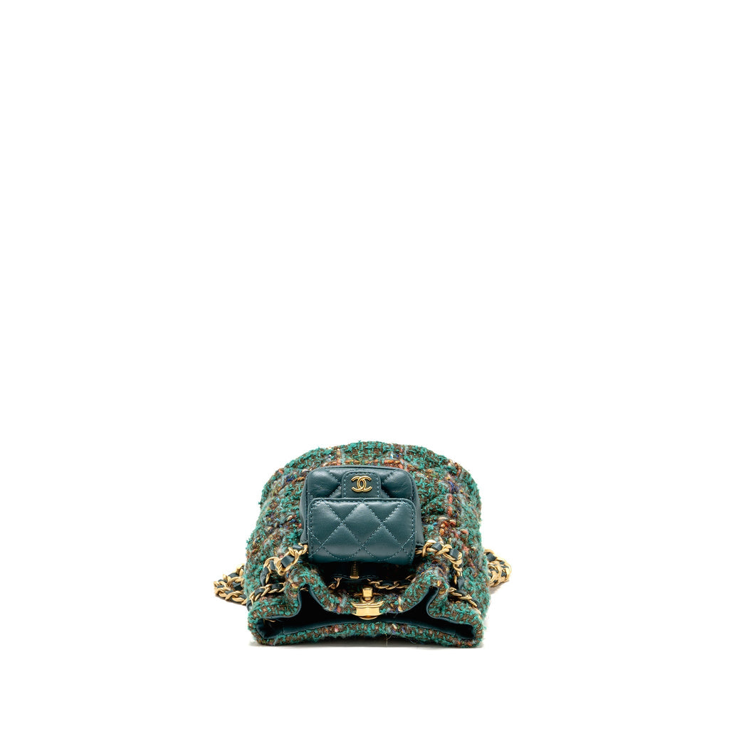 BUCKET BACKPACK WITH CASE TWEED/LAMBSKIN DARK GREEN/MULTICOLOUR GHW (MICROCHIP)