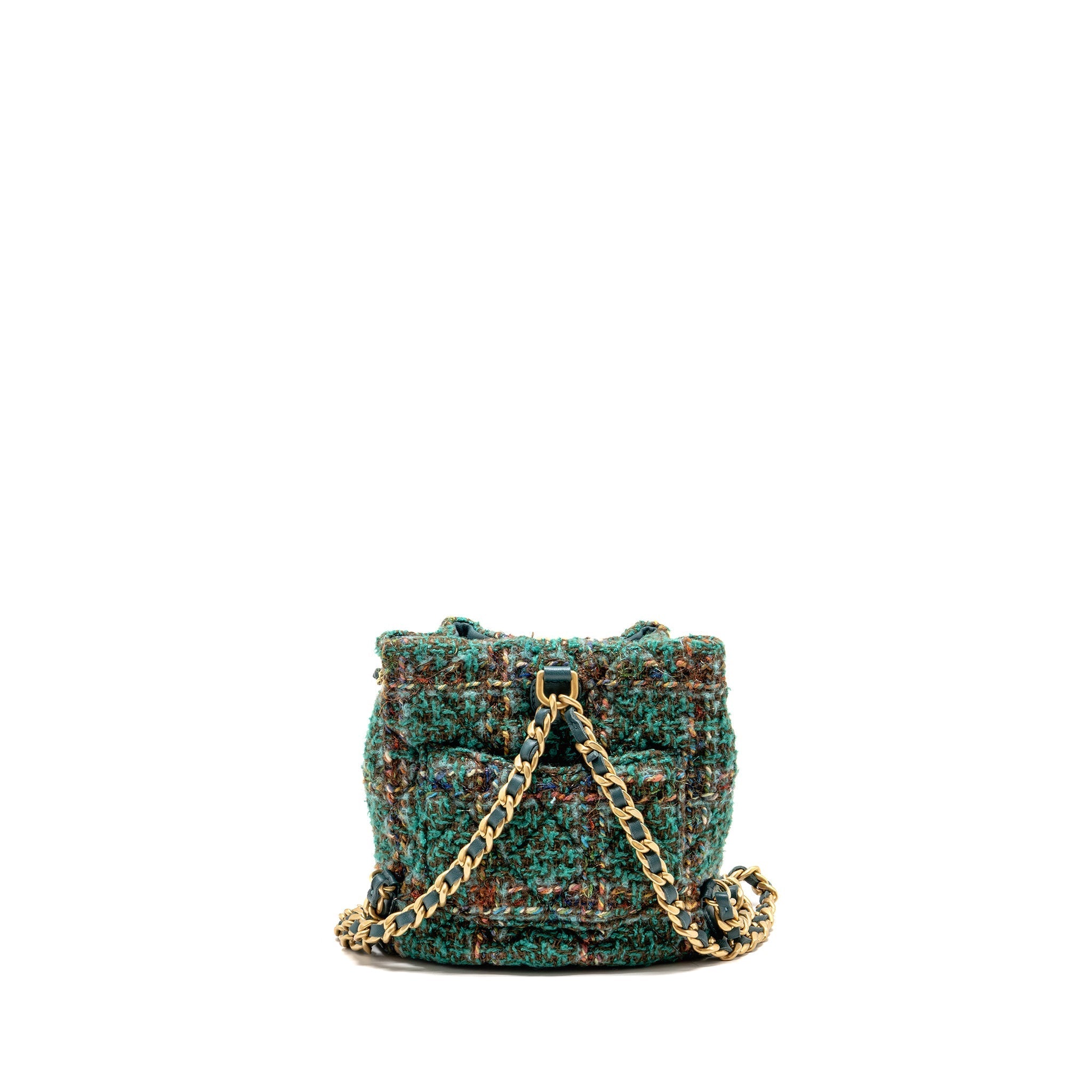 BUCKET BACKPACK WITH CASE TWEED/LAMBSKIN DARK GREEN/MULTICOLOUR GHW (MICROCHIP)