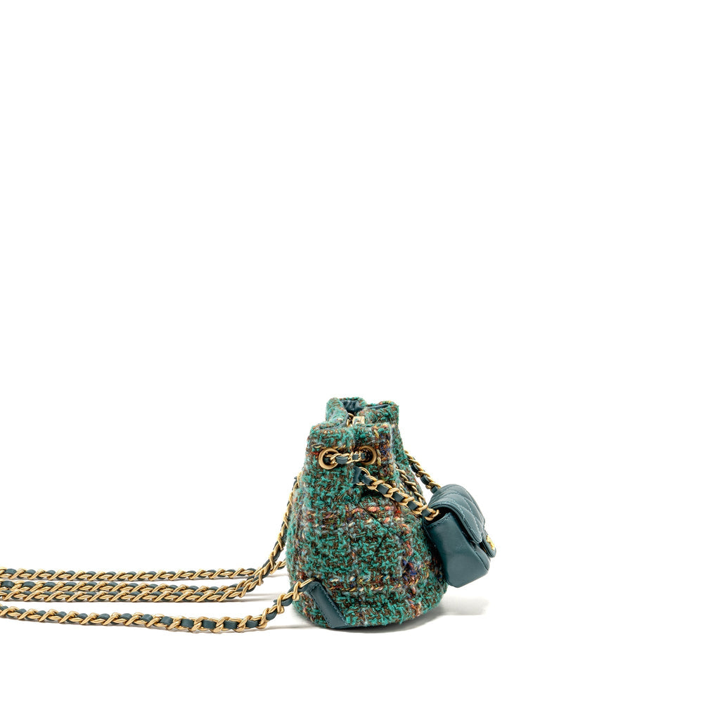 BUCKET BACKPACK WITH CASE TWEED/LAMBSKIN DARK GREEN/MULTICOLOUR GHW (MICROCHIP)