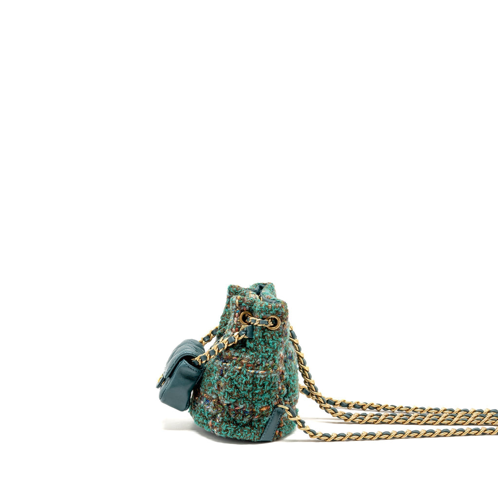 BUCKET BACKPACK WITH CASE TWEED/LAMBSKIN DARK GREEN/MULTICOLOUR GHW (MICROCHIP)