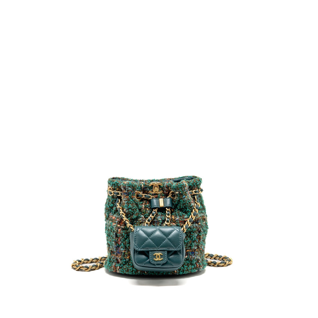 BUCKET BACKPACK WITH CASE TWEED/LAMBSKIN DARK GREEN/MULTICOLOUR GHW (MICROCHIP)