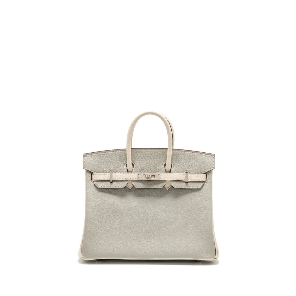 HERMES BIRKIN 25 SPECIAL ORDER CHÈVRE MYSORE GRIS PERLE/CRAIE BRUSHED SHW