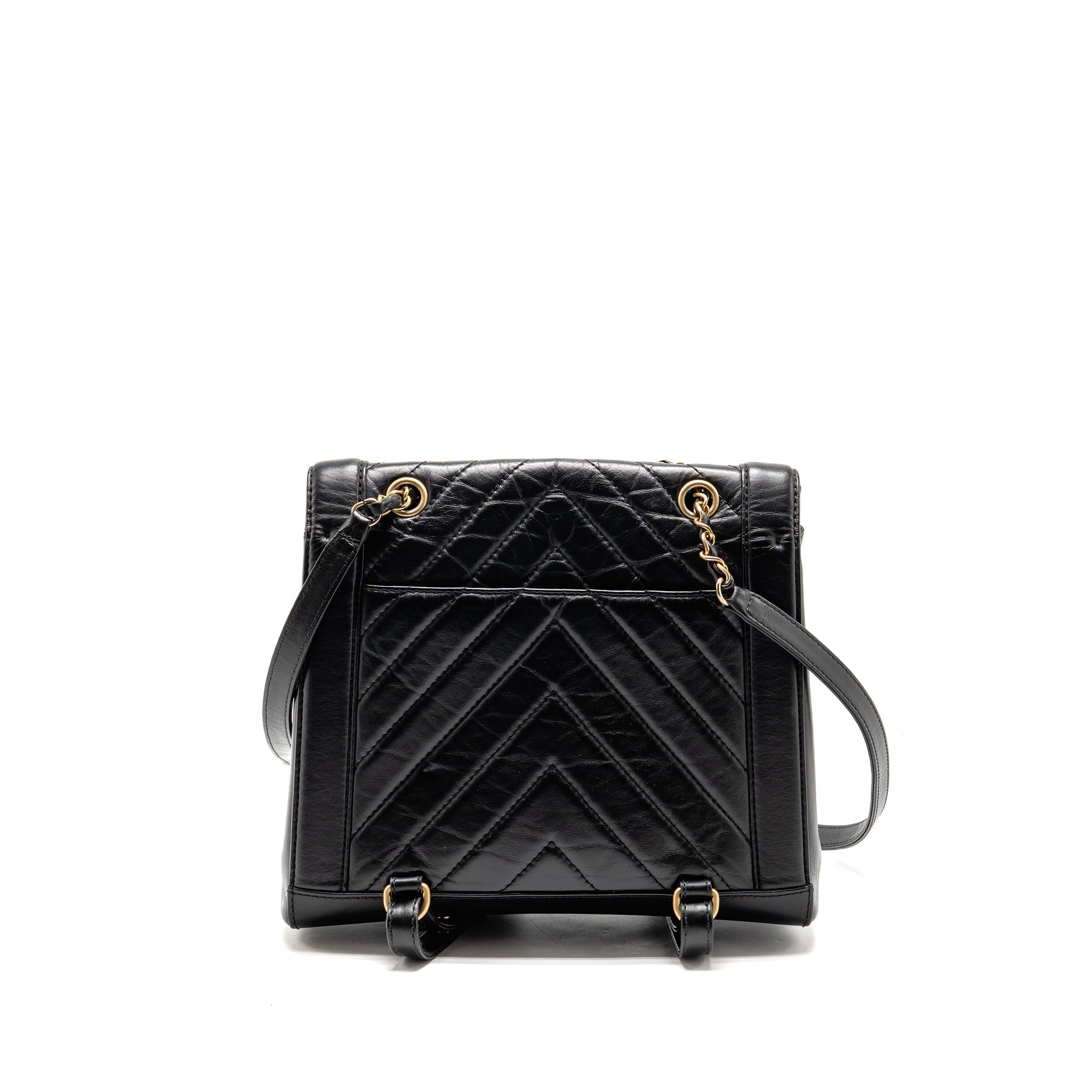 CHEVRON FRAME QUILTED BACKPACK AGED CALFSKIN BLACK GHW
