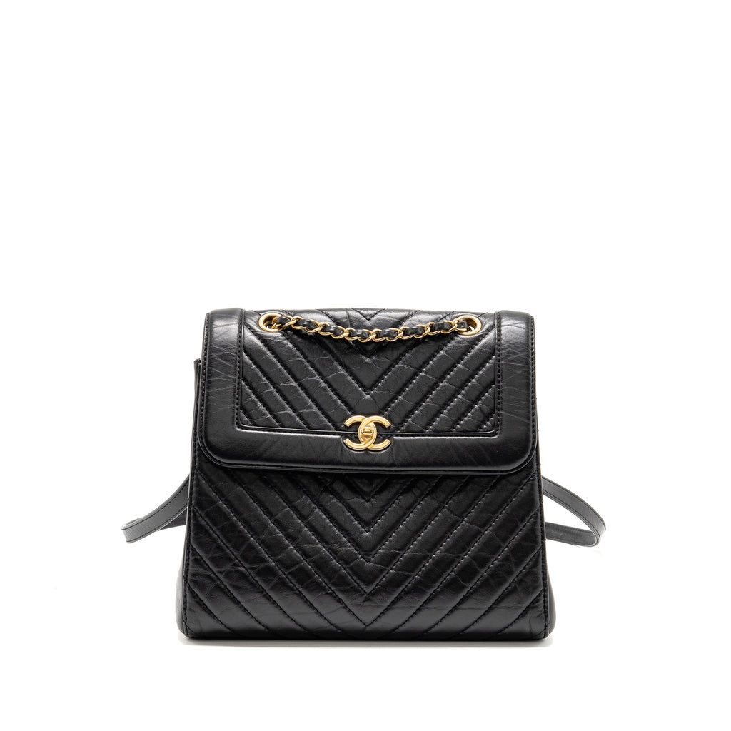 CHEVRON FRAME QUILTED BACKPACK AGED CALFSKIN BLACK GHW