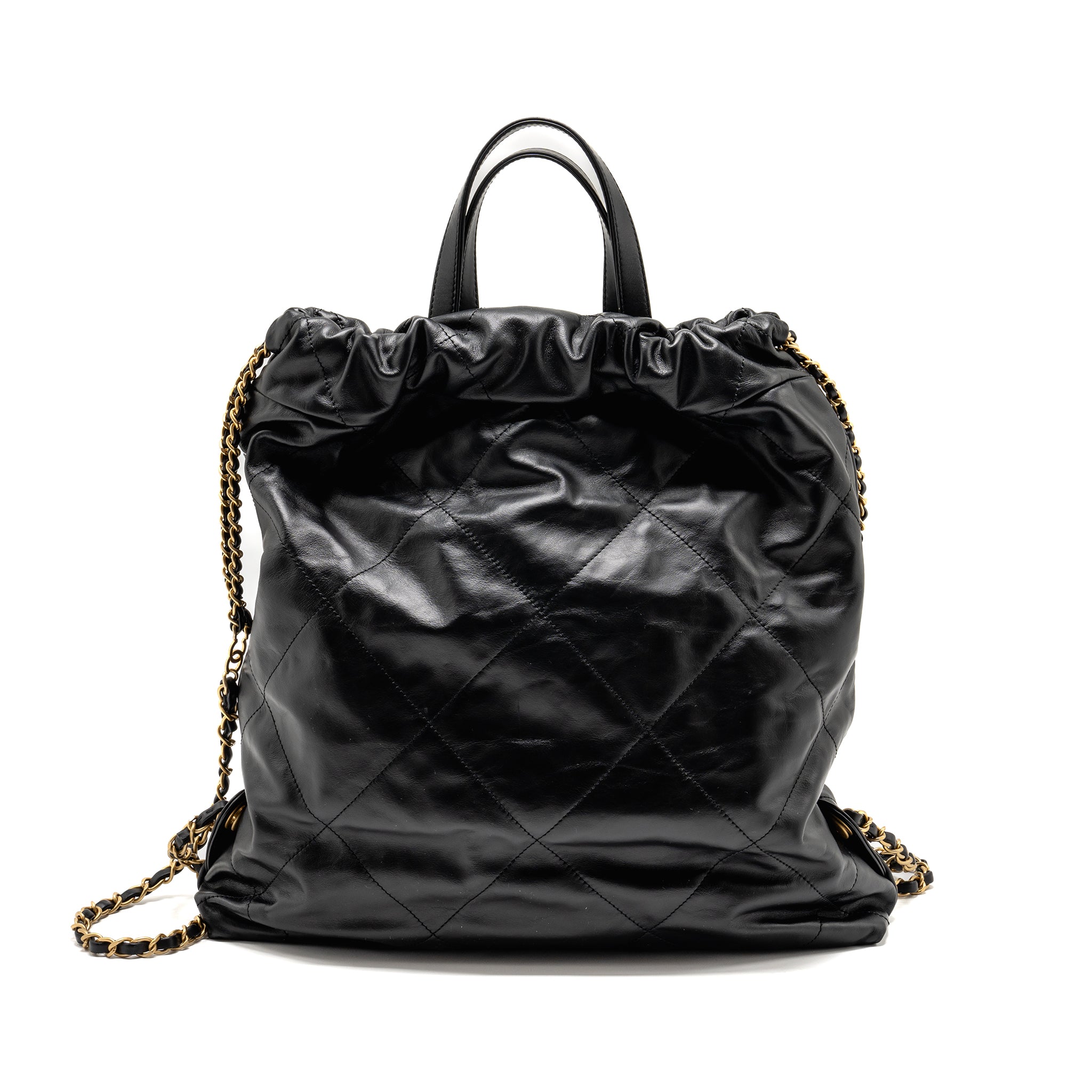 22 BACKPACK WHITE LETTER LOGO SHINY CALFSKIN BLACK GHW (MICROCHIP)