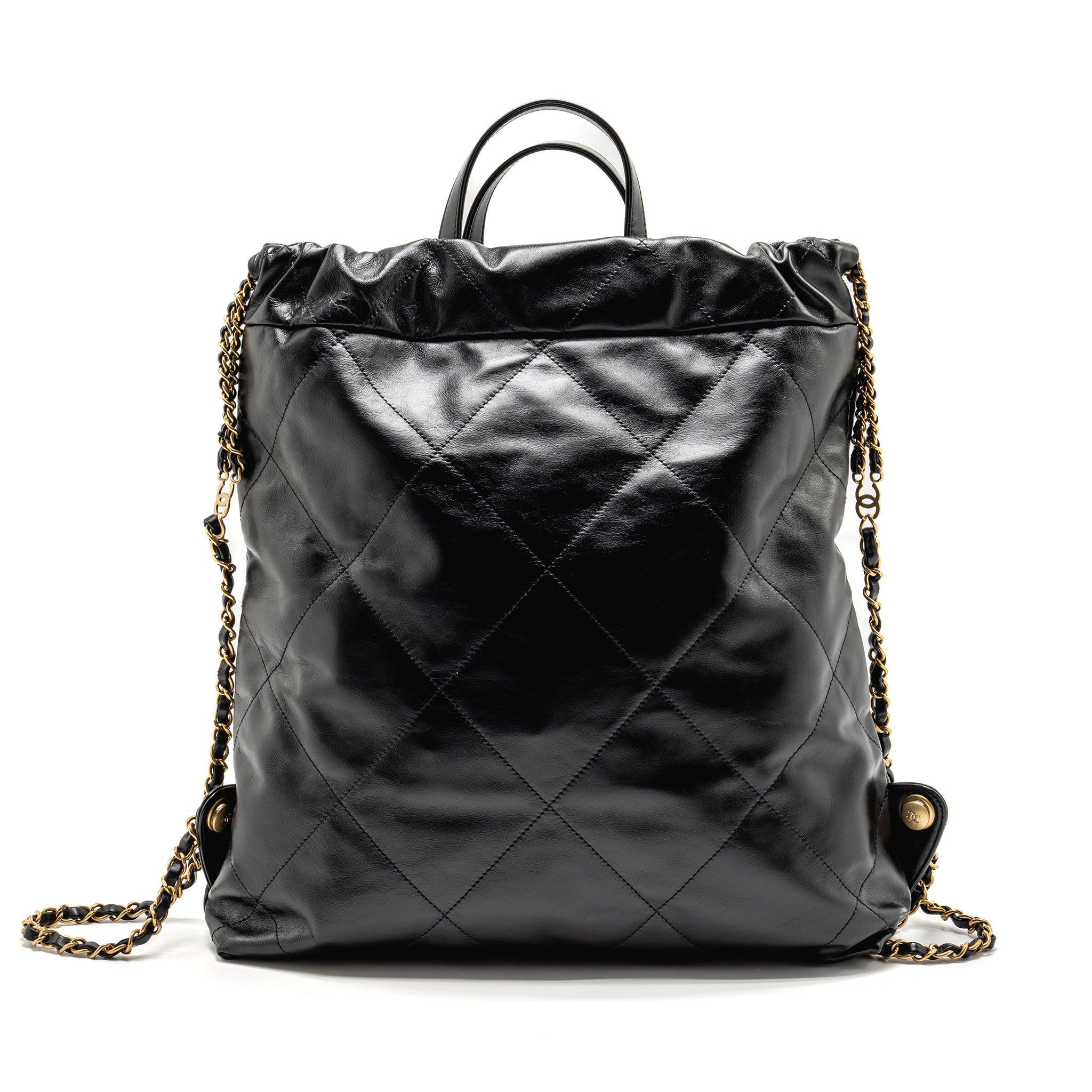 LARGE 22 BACKPACK GOLD LETTER LOGO SHINY CALFSKIN BLACK GHW(MICROCHIP)