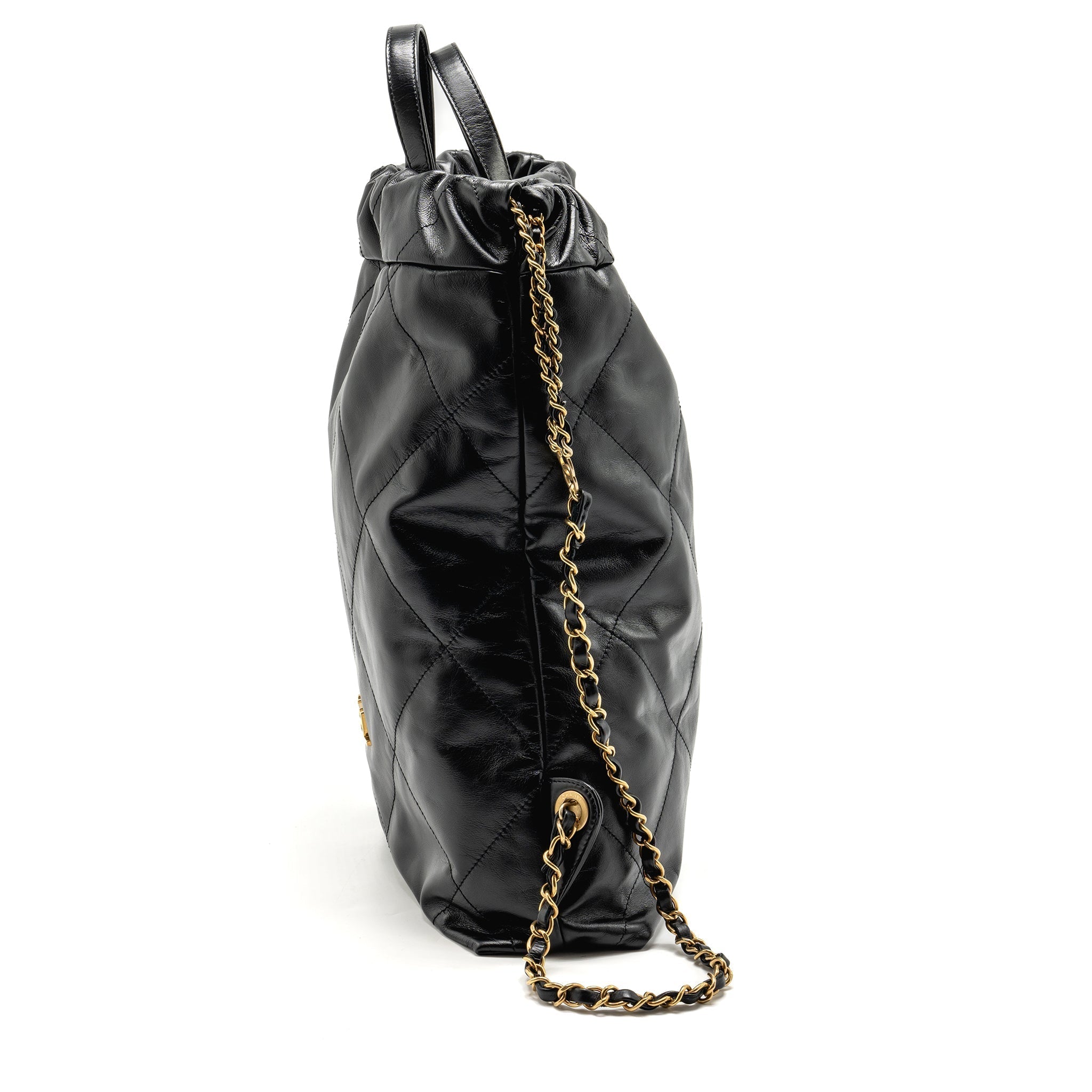 LARGE 22 BACKPACK GOLD LETTER LOGO SHINY CALFSKIN BLACK GHW(MICROCHIP)