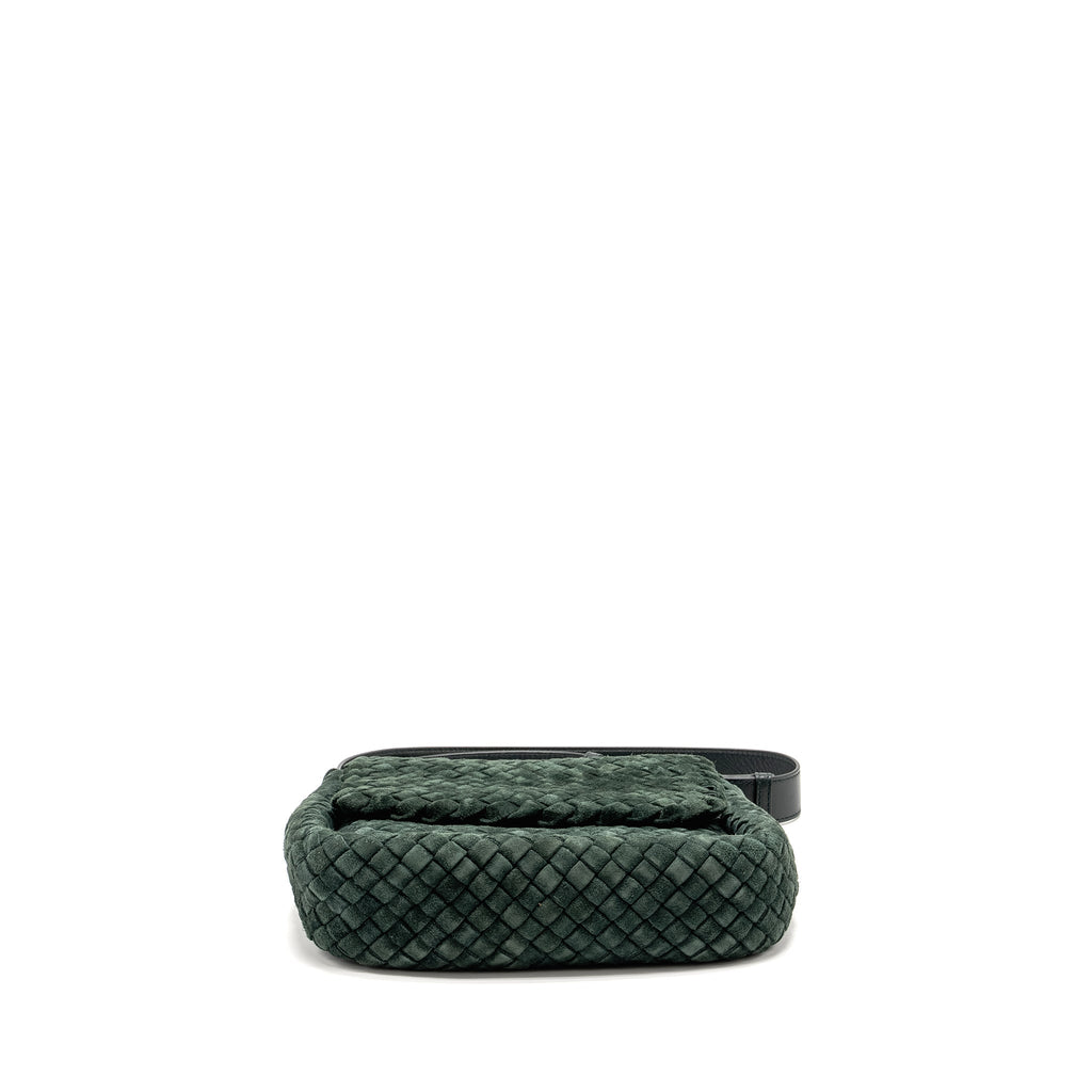 COBBLE MESSENGER BAG INTRECCIATO-WOVEN PADDED SUEDE DARK GREEN GHW