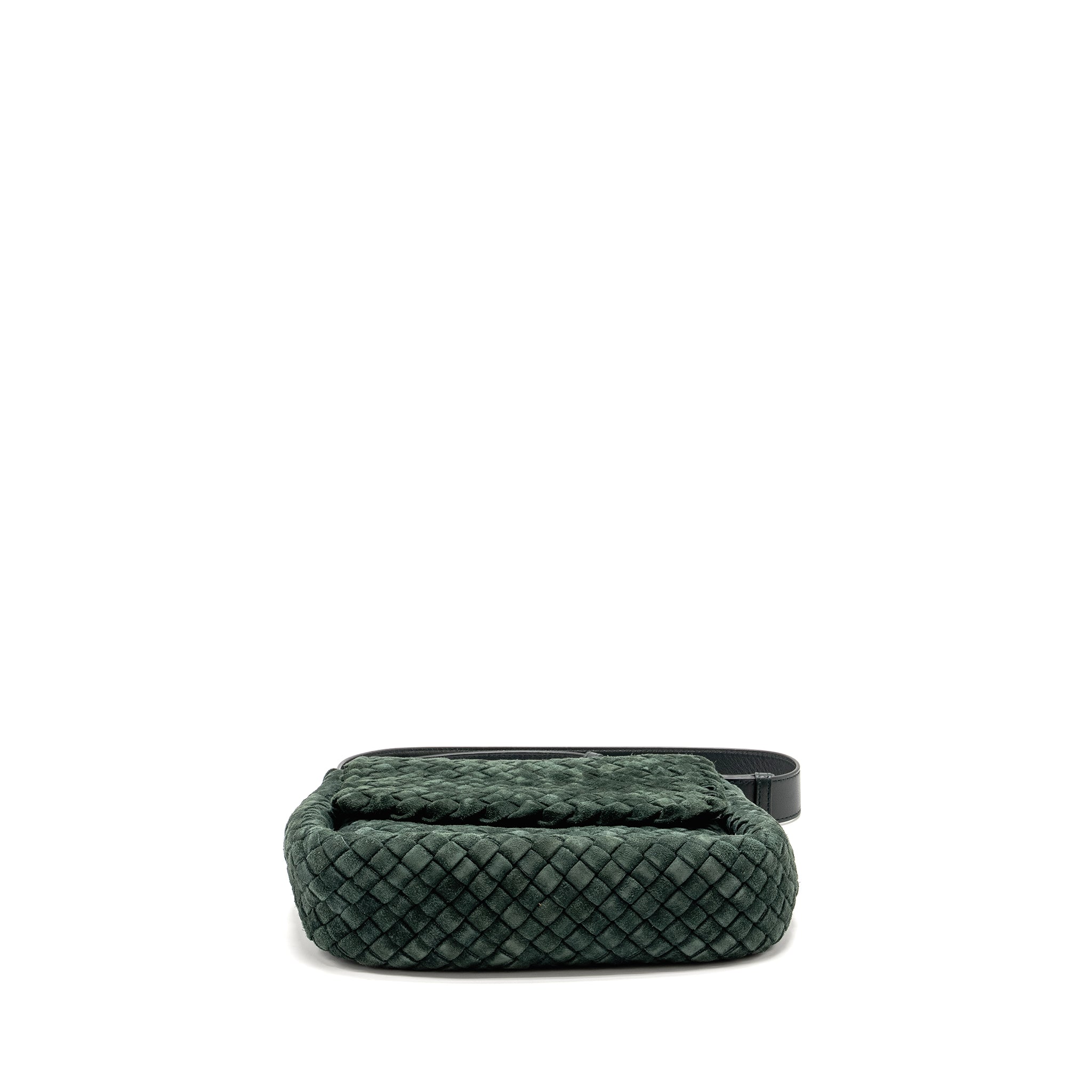 COBBLE MESSENGER BAG INTRECCIATO-WOVEN PADDED SUEDE DARK GREEN GHW