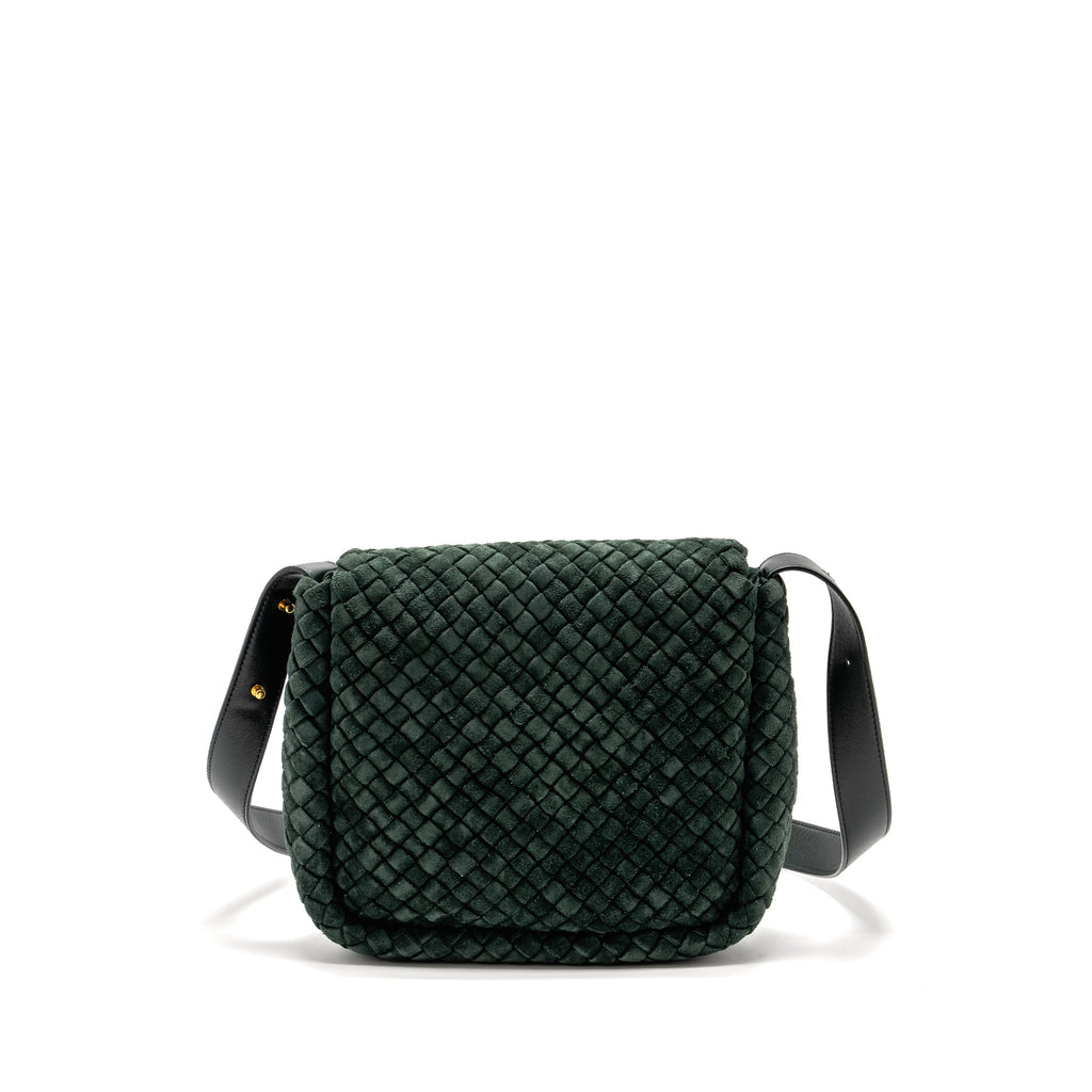 COBBLE MESSENGER BAG INTRECCIATO-WOVEN PADDED SUEDE DARK GREEN GHW