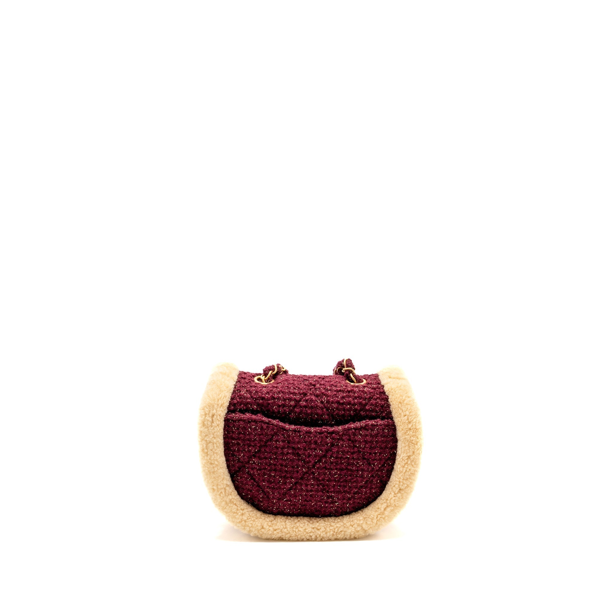 22K MINI MESSENGER FLAP BAG SHEARLING/TWEED BURGUNDY/BEIGE GHW (MICROCHIP)