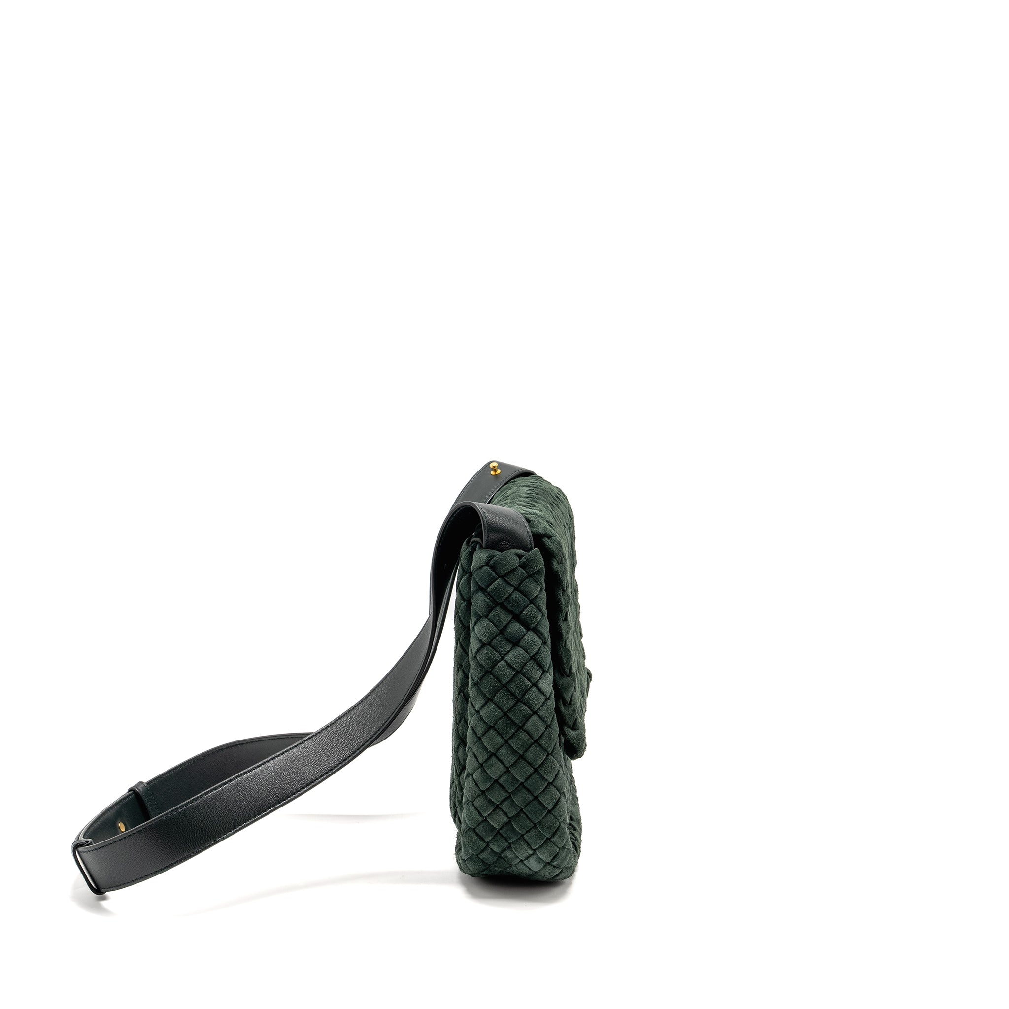 COBBLE MESSENGER BAG INTRECCIATO-WOVEN PADDED SUEDE DARK GREEN GHW