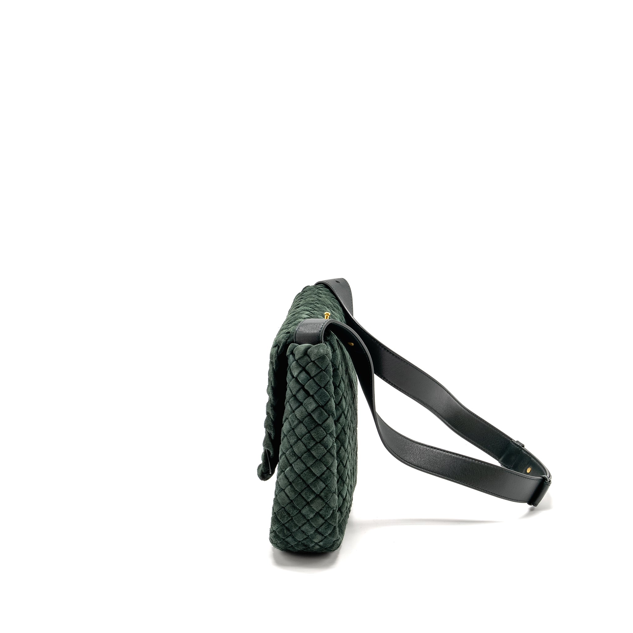 COBBLE MESSENGER BAG INTRECCIATO-WOVEN PADDED SUEDE DARK GREEN GHW