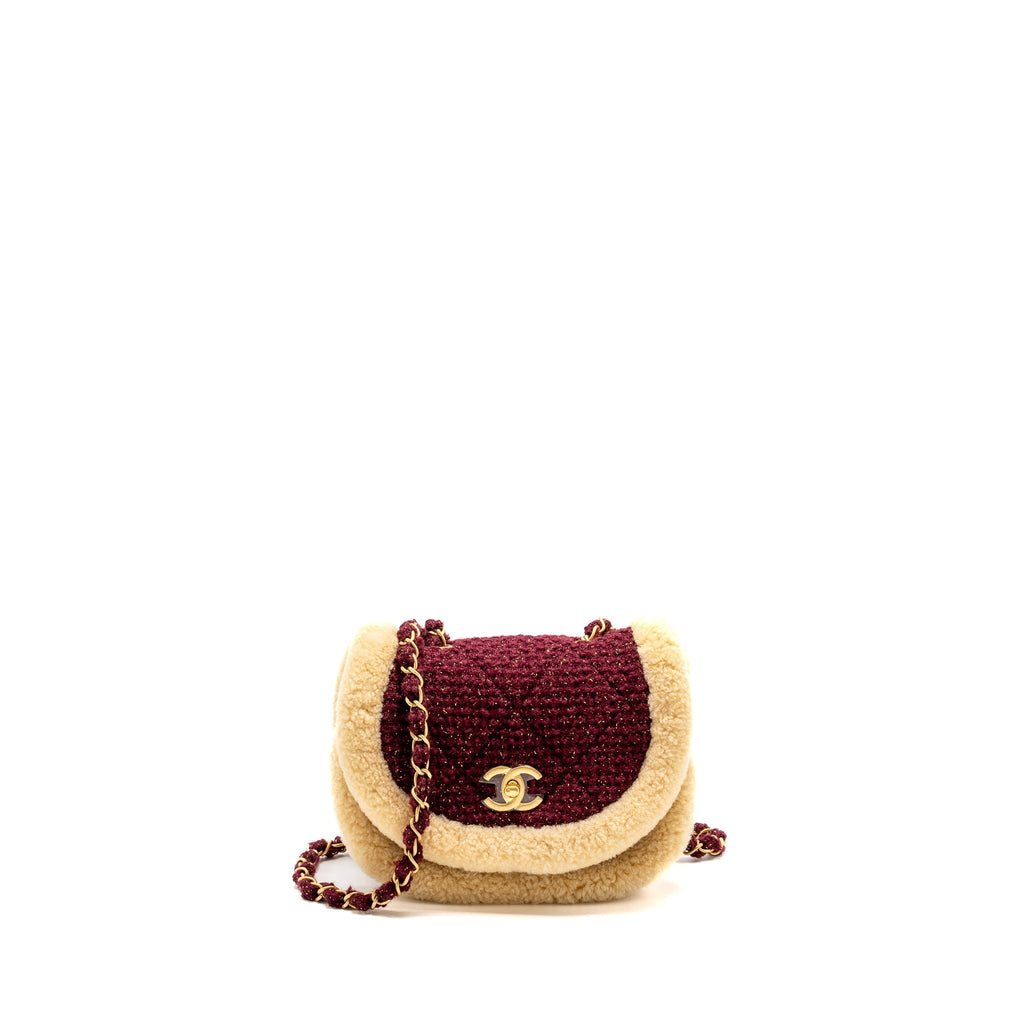 22K MINI MESSENGER FLAP BAG SHEARLING/TWEED BURGUNDY/BEIGE GHW (MICROCHIP)