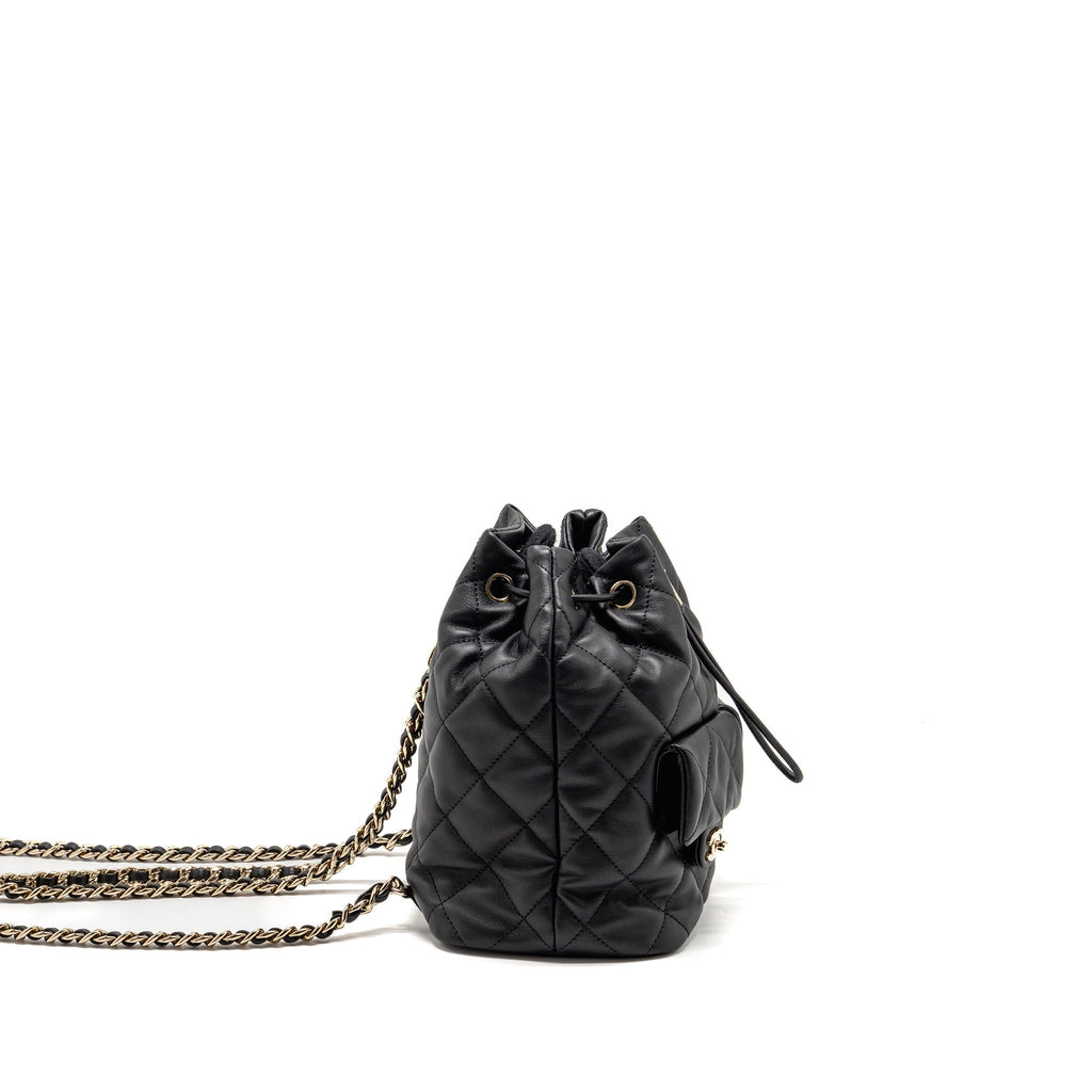DRAWSTRING TWO POCKETS BACKPACK CALFSKIN BLACK LGHW (MICROCHIP)