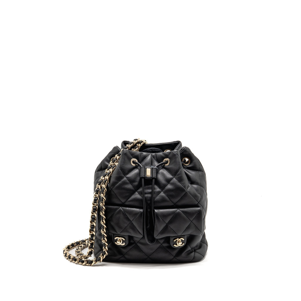 DRAWSTRING TWO POCKETS BACKPACK CALFSKIN BLACK LGHW (MICROCHIP)