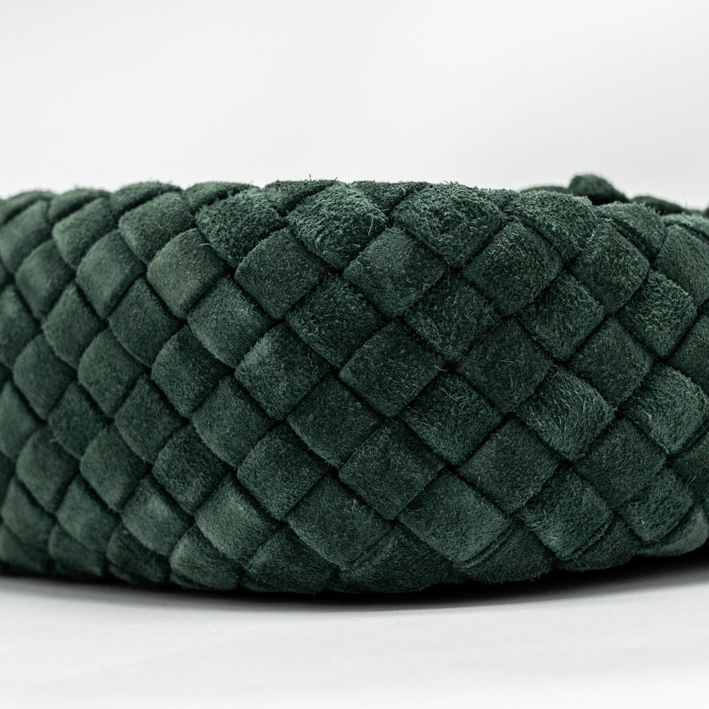 COBBLE MESSENGER BAG INTRECCIATO-WOVEN PADDED SUEDE DARK GREEN GHW