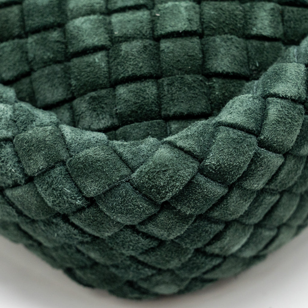 COBBLE MESSENGER BAG INTRECCIATO-WOVEN PADDED SUEDE DARK GREEN GHW