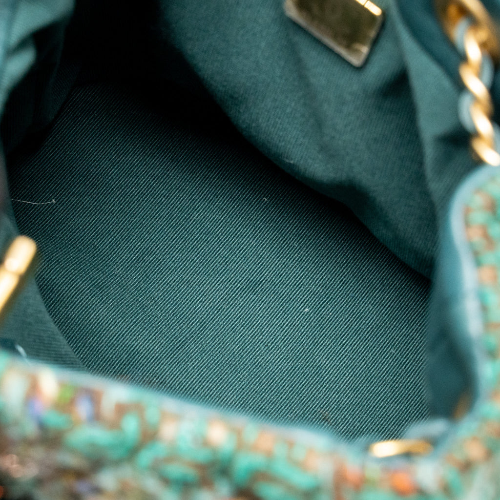 BUCKET BACKPACK WITH CASE TWEED/LAMBSKIN DARK GREEN/MULTICOLOUR GHW (MICROCHIP)