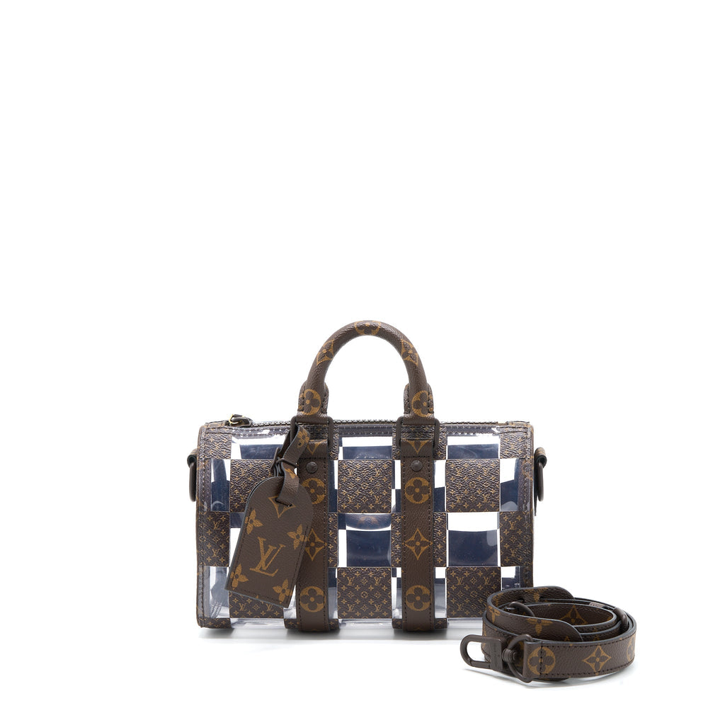 KEEPALL BANBOULIERE 25 MONOGRAM CHESS MONOGRAM CANVAS/TRANSPARENT PVC BROWN HARDWARE