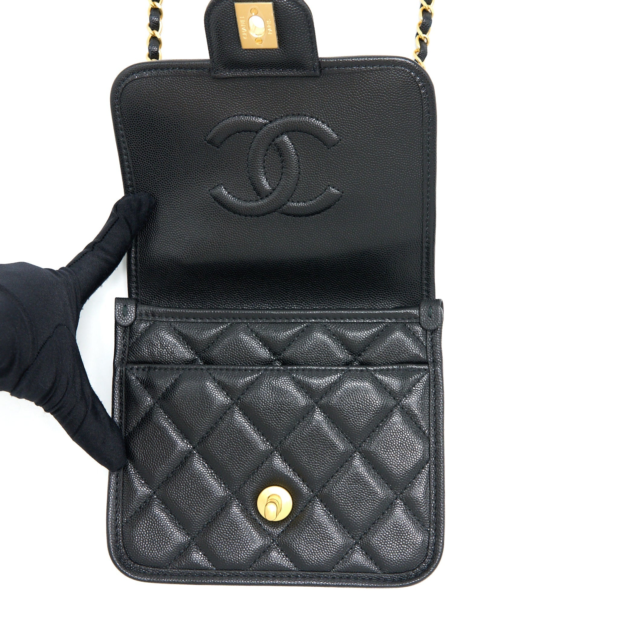 22K TOP HANDLE MESSENGER BAG CAVIAR BLACK BRUSHED GHW(MICROCHIP)