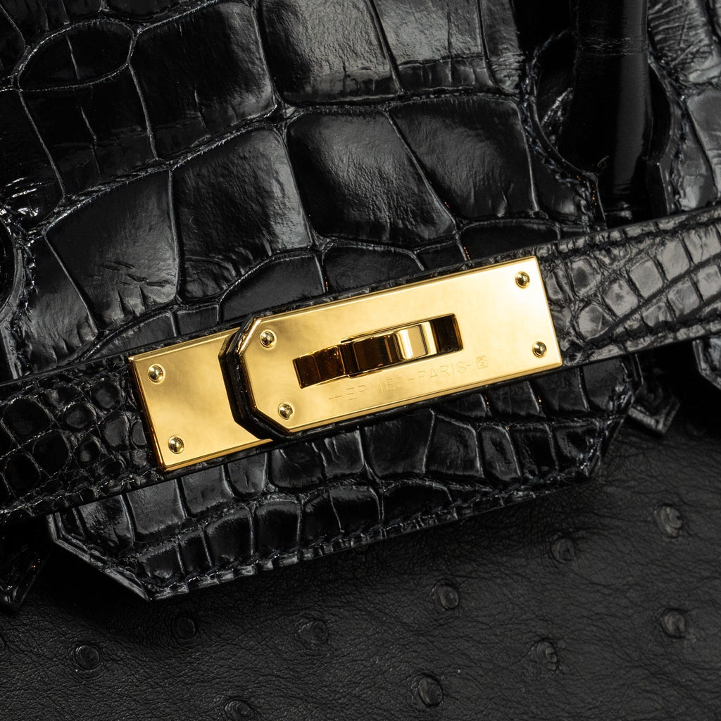 HERMES BIRKIN 30 SHINY ALLIGATOR MISSISSIPPIENSIS TOUCH / OSTRICH BLACK GHW