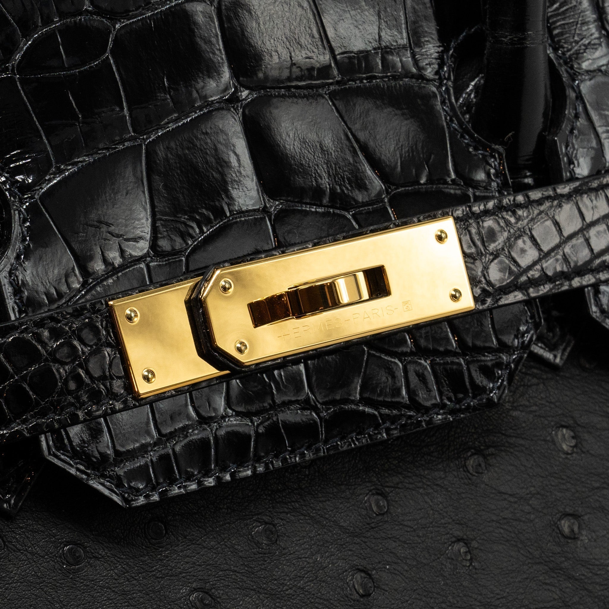 HERMES BIRKIN 30 SHINY ALLIGATOR MISSISSIPPIENSIS TOUCH / OSTRICH BLACK GHW