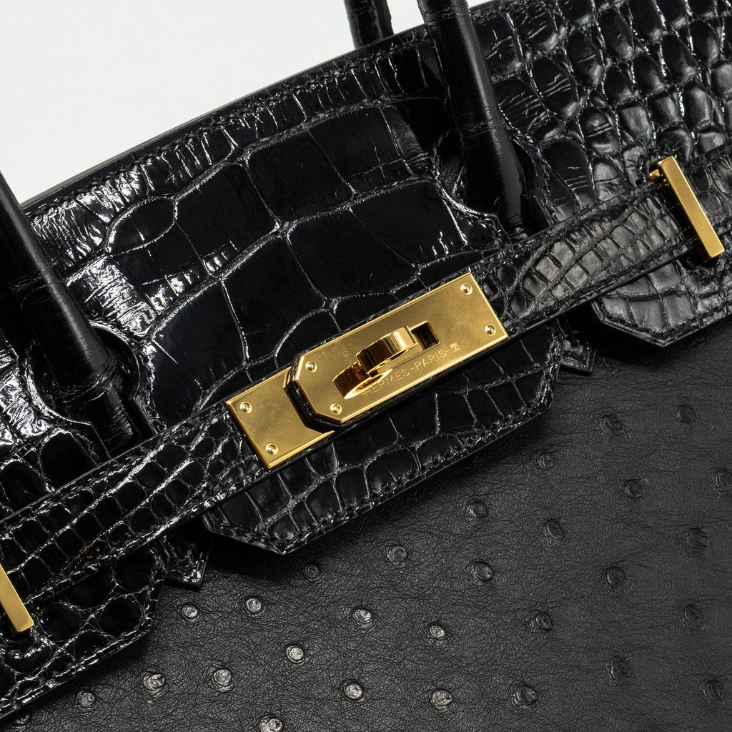 HERMES BIRKIN 30 SHINY ALLIGATOR MISSISSIPPIENSIS TOUCH / OSTRICH BLACK GHW