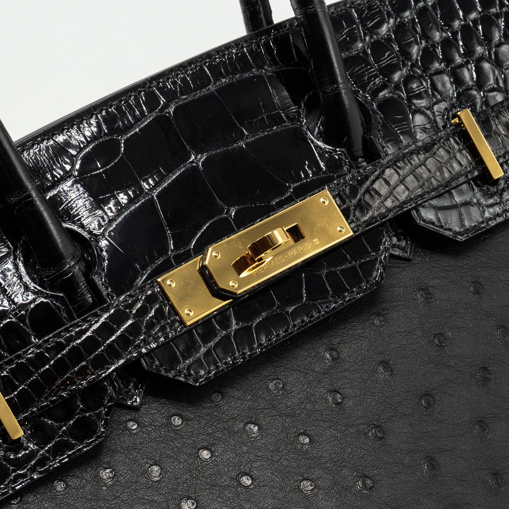 HERMES BIRKIN 30 SHINY ALLIGATOR MISSISSIPPIENSIS TOUCH / OSTRICH BLACK GHW
