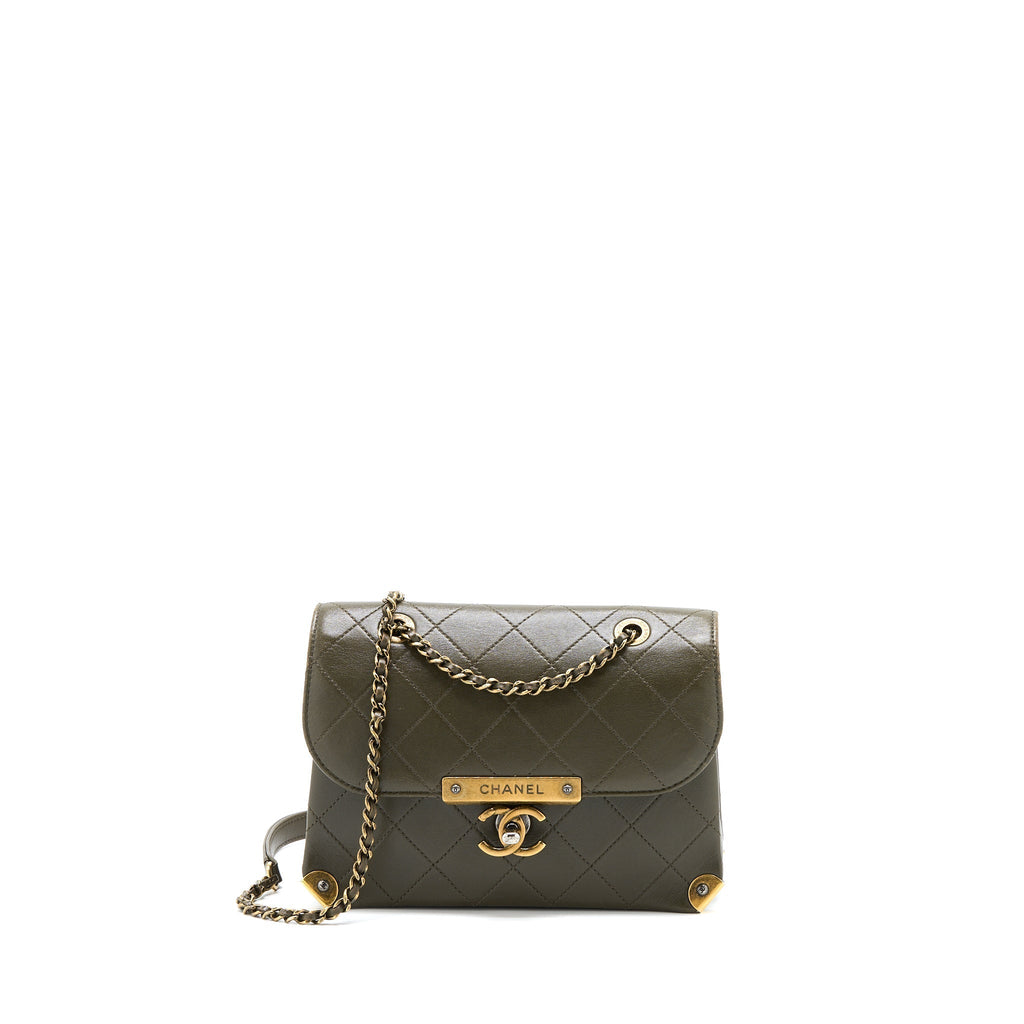 MESSENGER FLAP BAG LAMBSKIN OLIVE GREEN RUTHENIUM GHW