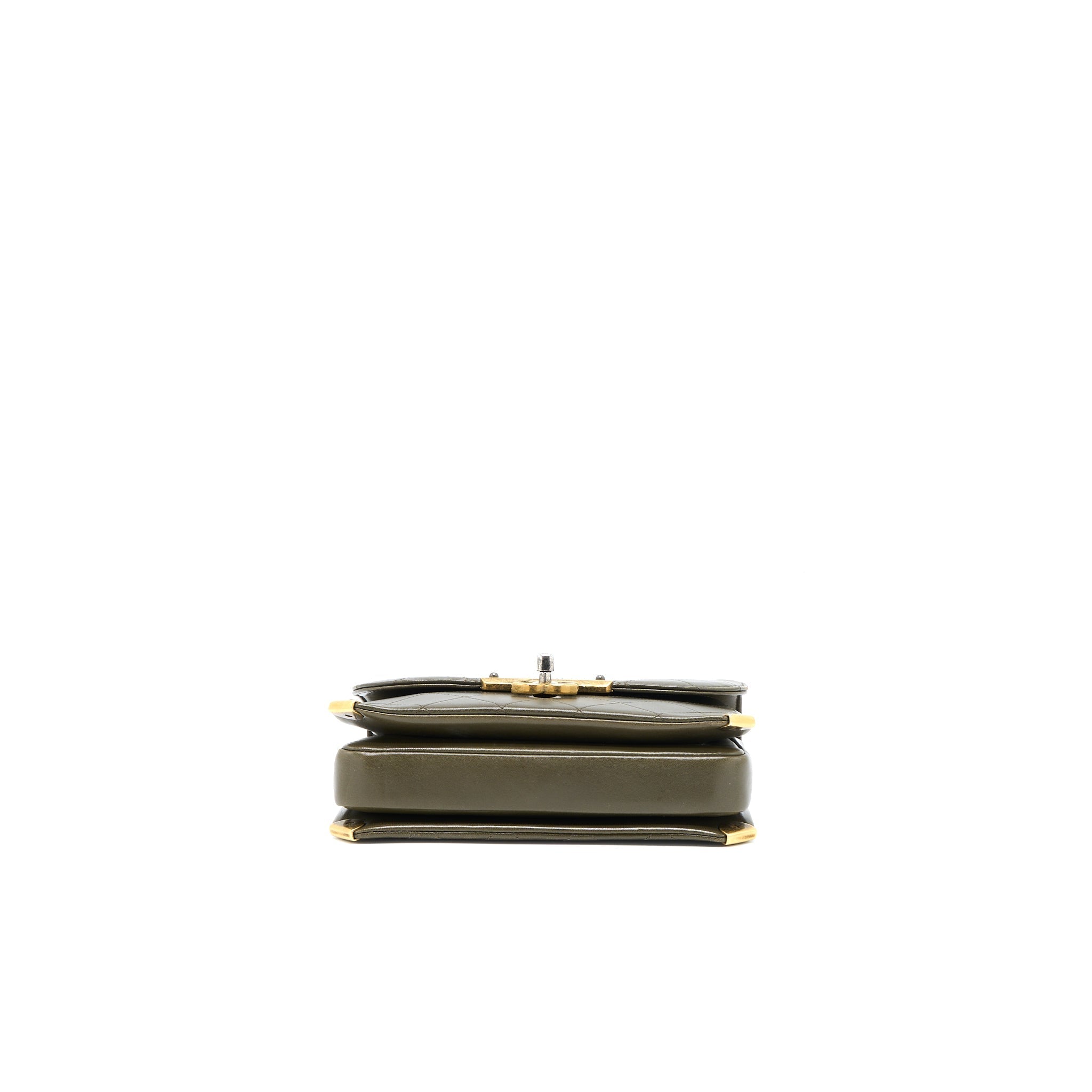 MESSENGER FLAP BAG LAMBSKIN OLIVE GREEN RUTHENIUM GHW