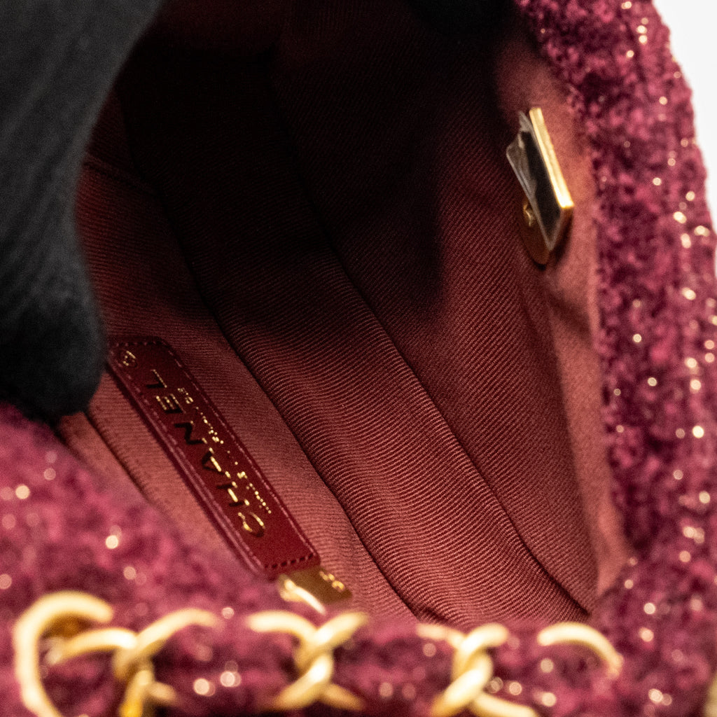 22K MINI MESSENGER FLAP BAG SHEARLING/TWEED BURGUNDY/BEIGE GHW (MICROCHIP)