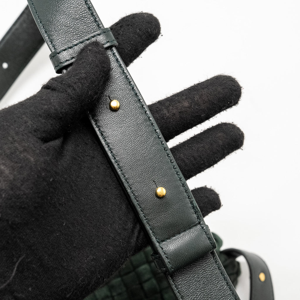 COBBLE MESSENGER BAG INTRECCIATO-WOVEN PADDED SUEDE DARK GREEN GHW