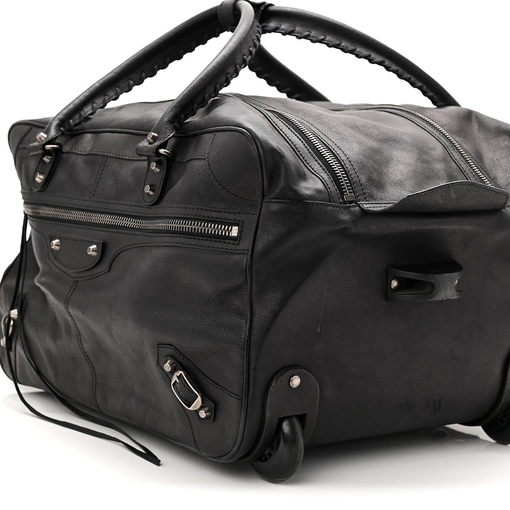 AGNEAU SILVER HARDWARE DUFFLE CARRY ON TRAVEL BAG BLACK
