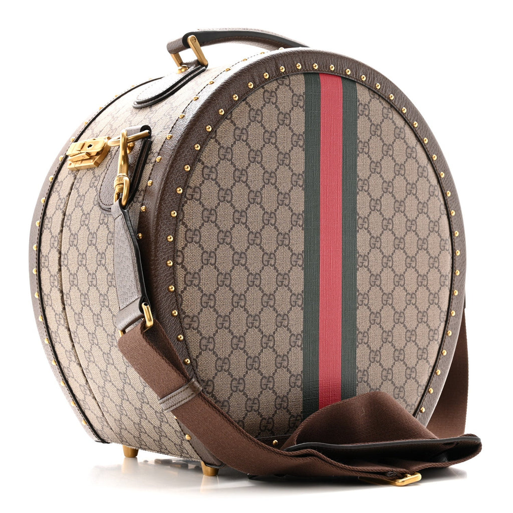 GG SUPREME MONOGRAM TEXTURED DOLLAR CALFSKIN WEB SAVOY HAT BOX BEIGE EBONY NEW ACERO